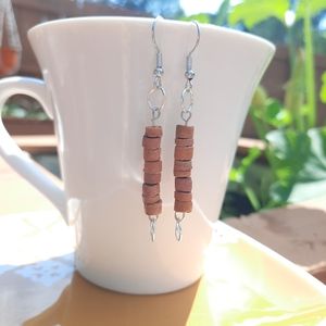 Circle & Tan Wood Bead Dangle Earrings